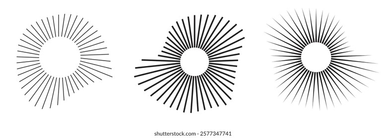 Circular sound waves, depicting audio music, round symbols of voice, icons and logos for equalizers, radial spectrum designs, ring patterns. Flat vector illustrations isolated on white background.