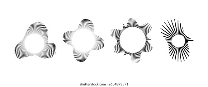 Circular sound waves, depicting audio music, round symbols of voice, icons and logos for equalizers, radial spectrum designs, ring patterns. Flat vector illustrations isolated on white background.