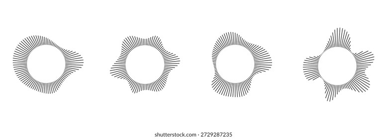 Circular sound waves, depicting audio music, round symbols of voice, icons and logos for equalizers, radial spectrum designs, ring patterns. Flat vector illustrations isolated on white background.