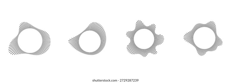 Circular sound waves, depicting audio music, round symbols of voice, icons and logos for equalizers, radial spectrum designs, ring patterns. Flat vector illustrations isolated on white background.