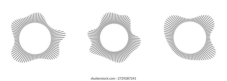 Circular sound waves, depicting audio music, round symbols of voice, icons and logos for equalizers, radial spectrum designs, ring patterns. Flat vector illustrations isolated on white background.