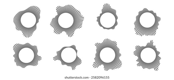 Circular sound waves set, Audio equalizer round wave, Linear rays circular. Vector illustration of isolates on white.