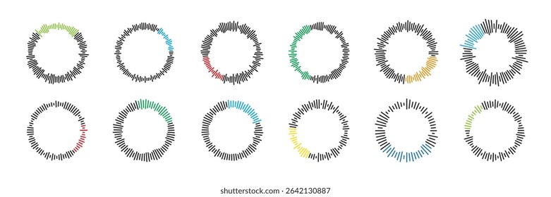 Circular sound waves set. Music waveforms. Radial audio waves. Round equalizer shapes. Geometric line pattern. Abstract vector illustration.