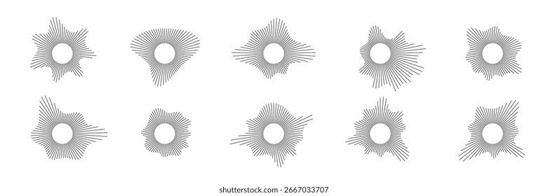Ondas de sonido circulares. Formas de onda de la música. Ondas de audio radiales negras aisladas en blanco. Formas de ecualizador redondo. Patrón de línea geométrica. Ilustración vectorial Abstractas.