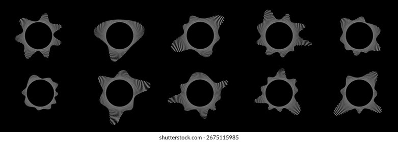 Circular sound waves set. Music waveforms. White radial audio waves isolated on black. Round equalizer shapes. Geometric line pattern. Abstract vector illustration.