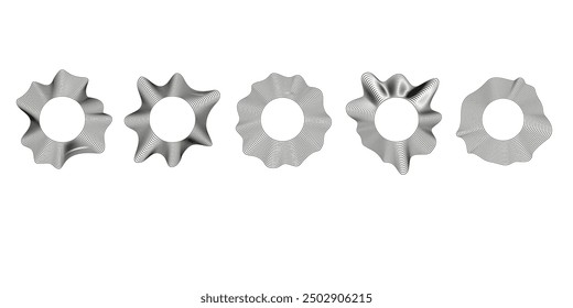 Ondas sonoras circulares. Siluetas de rayos de línea ondulada. Conjunto de Formas redondas abstractas de Vector aisladas sobre fondo blanco