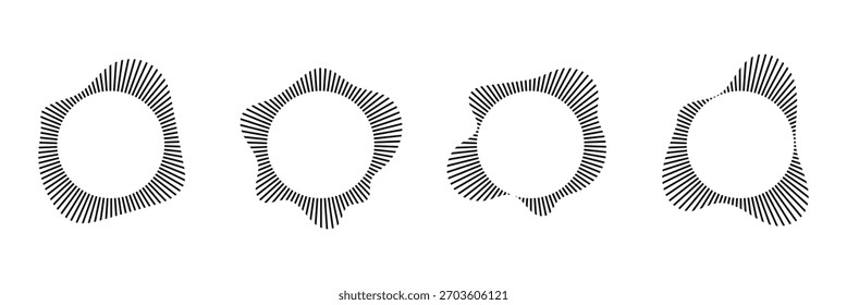 Ondas sonoras circulares. Siluetas de rayos de línea ondulada. Conjunto de Formas redondas abstractas de Vector aisladas sobre fondo blanco. Ilustración vectorial. EPS 10.