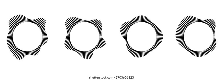 Ondas sonoras circulares. Siluetas de rayos de línea ondulada. Conjunto de Formas redondas abstractas de Vector aisladas sobre fondo blanco. Ilustración vectorial. EPS 10.