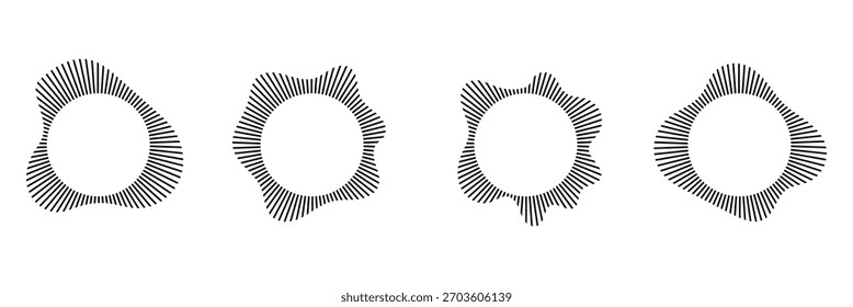 Ondas sonoras circulares. Siluetas de rayos de línea ondulada. Conjunto de Formas redondas abstractas de Vector aisladas sobre fondo blanco. Ilustración vectorial. EPS 10.