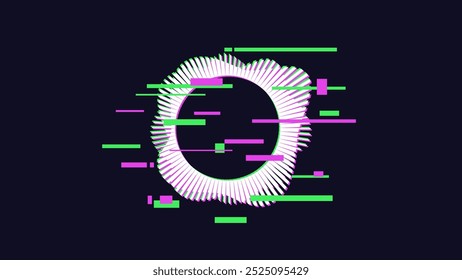 Patrón de onda de sonido circular con efectos de fallo y aberración cromática 3D. Concepto de ilustración futurista retro de alta tecnología