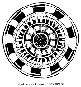 The circular space modern futuristic tech black and white hand-painted mandala coloring, consisting of many parts.