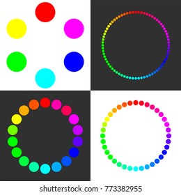 Circular spectral palette for 6, 18, 36, 72 colors.  Design swatches for rainbow coloring. Set of vector illustrations. Multicolored circles with smooth transition of colors. 
