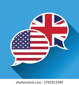Circular speech bubble icons featuring American and British flags representing English language communication and translation