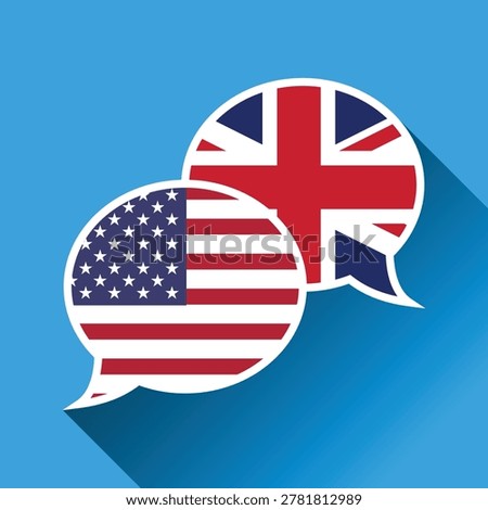 Circular speech bubble icons featuring American and British flags representing English language communication and translation