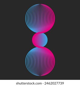 Circular spherical triple shapes logo from a circular grid of thin lines scientific technological symbol of three circles, round waves blue pink gradient in tech style.