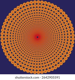 Circular spiral array. Orange swirl field. Blue background vector. Concentric pattern shape.