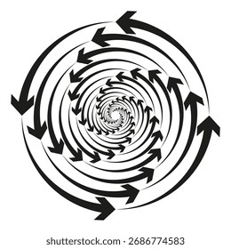 Setas espirais circulares. Símbolo de fluxo de rotação. Gráfico de Vetor Dinâmico. Movimento branco negro. EPS 10.