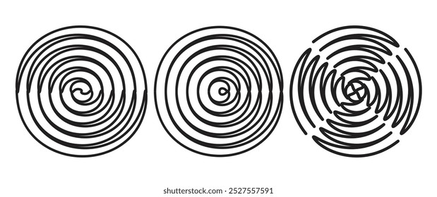  Diseños circulares en espiral con patrones de líneas y grosores variables. Las Formas abstractas e hipnóticas son perfectas para su uso en arte digital, fondos y proyectos de Diseño gráfico