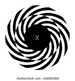 Circular spiral element. Optical illusion with radial rhombuses. Geometric black white op art effect. Isolated radiating circle shape. Monogram with letter, text label, sticker, print, poster, textile