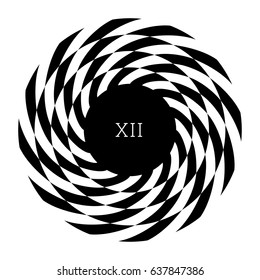 Circular spiral element. Optical illusion with radial rhombuses. Geometric black white op art effect. Isolated radiating circle shape. Monogram with letter, text label, sticker, print, poster, textile