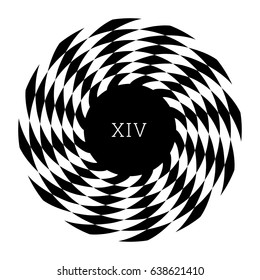 Circular spiral element. Optical illusion with radial rhombuses. Geometric black white op art effect. Isolated radiating circle shape. Monogram with letter, text label, sticker, print, poster, textile
