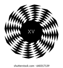 Circular spiral element. Optical illusion with radial rhombuses. Geometric black white op art effect. Isolated radiating circle shape. Monogram with letter, text label, sticker, print, poster, textile