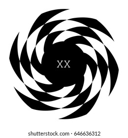 Circular spiral element. Optical illusion with radial rhombuses. Geometric black white op art effect. Isolated radiating circle shape. Monogram with letter, text label, sticker, print, poster, textile