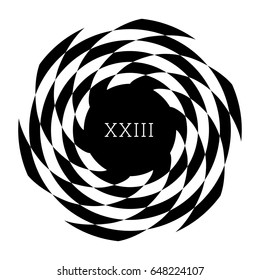 Circular spiral element. Optical illusion with radial rhombuses. Geometric black white op art effect. Isolated radiating circle shape. Monogram with letter, text label, sticker, print, poster, textile