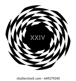 Circular spiral element. Optical illusion with radial rhombuses. Geometric black white op art effect. Isolated radiating circle shape. Monogram with letter, text label, sticker, print, poster, textile