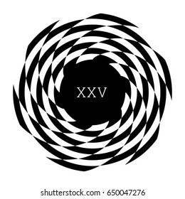 Circular spiral element. Optical illusion with radial rhombuses. Geometric black white op art effect. Isolated radiating circle shape. Monogram with letter, text label, sticker, print, poster, textile