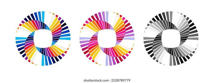 Padrão geométrico espiral circular, conjunto de ícones do obturador da câmera. Ilusão óptica de espectro de gradiente semelhante a roda de cores, isolada em fundo branco. Elementos de design de vetor plano