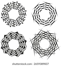 Padrões espirais circulares. Desenhos de linhas concêntricas. Vetor de ondulação hipnótica. Formas geométricas abstratas. EPS 10.