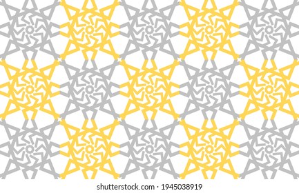 Circular spiral shape arranged into star form in uniform repeat. Interlocking lines create dynamic optical feel. Ornamental layout shows symmetry and rhythm through seamless pattern flow