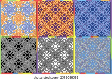 Circular spring coiled lines flower, pollen 8 stalks center connected together Set of seamless pattern. Vector collection.