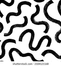 Circular s-shape lines vector seamless pattern. Hand drawn black and white wavy bold shapes. Grunge curly brush strokes, curved lines. Chaotic ink decorative texture. Black paint geometric background 
