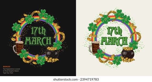 Circular St Patricks Day label with pot full of gold treasures, golden horseshoes, green clover leaves, rainbow frame, glass of dark beer. Text graphic style included Vintage style