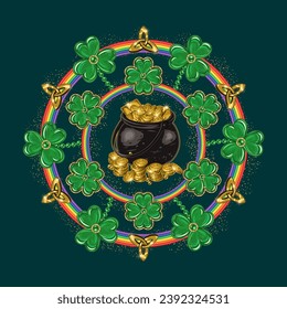 Circular St Patricks Day pattern like mandala. Pot full of gold treasures, lucky clover, triskele sign, rainbow circles. For prints, clothing, t shirt, plate, surface design. Vintage style