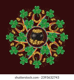 Circular St Patricks Day pattern like mandala. Pot full of gold treasures, golden horseshoes, dust, green clover, rainbow beams, rays For prints, clothing, t shirt, plate, surface design Vintage style