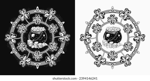 Circular St Patricks Day pattern like mandala. Pot full of treasures, lucky clover, triskele sign, circles. For prints, clothing, t shirt, plate, surface design. Black background. Vintage style