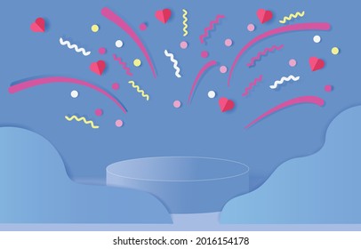 Estadio circular con fondo de Corazones y Fuegos artificiales. Celebra El Tema. corte de papel y estilo artesanal. vector, ilustración.