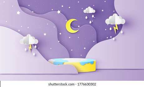 Circular stage podium with backdrop of the rainy season in night sky view. Rainy season at night scenery. paper cut and craft style. vector, illustration.