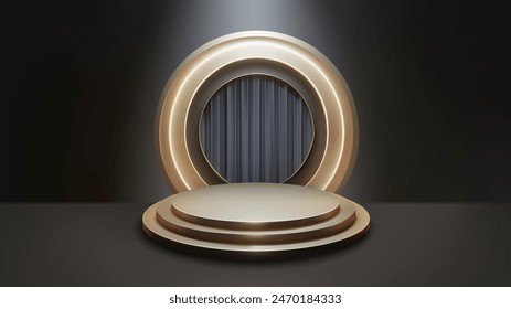 Circular stage or podium with a golden metallic finish. dark background with a circular frame or arch that also has a golden hue. Realistic vector illustration .