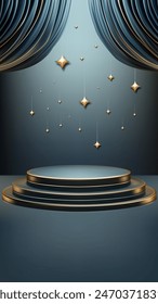 Escenario circular o podio con estrellas doradas colgantes que brillan y cortinas oscuras se abren tanto en .lujoso como elegante . Ilustración vectorial realista .