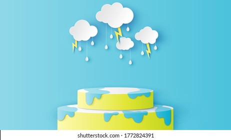 Circular Stage Podium For Rainy Season With Water Splash Decorated With Clouds, Rain Drops, Lightning And Blank Space. Paper Cut And Craft Style. Vector, Illustration.