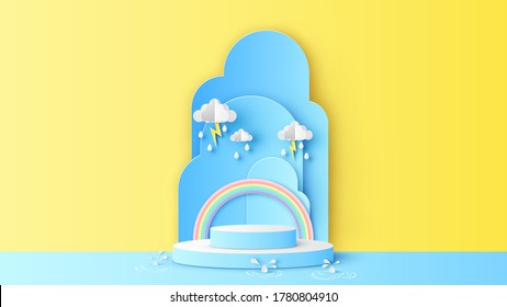 Zirkuläres Bühnenpodium für Regenzeit mit Wolken, Regentropfen, Blitz, Regenbogen und Leerraum. Regenzeit im Hintergrund. Papierschnitt und handwerklicher Stil. Vektorgrafik, Illustration.