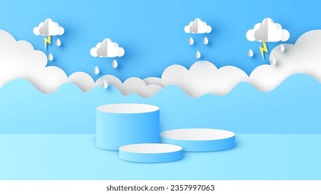 Circular stage podium for rainy season decorated with cloud, rain drops, lightning and blank space. Rainy season backdrop. paper cut and craft style. vector, illustration.