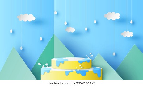 Circular stage podium for rainy season with water splash decorated with cloud, rain drops, mountain view and blank space. Rainy season backdrop. paper cut and craft style. vector, illustration.