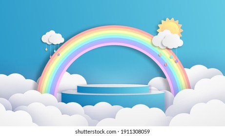 Circular stage podium season decorated with clouds, rainbow and blank space. Summer season backdrop. paper cut and craft style. vector, illustration.