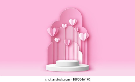 Circular stage podium for Valentine's decorated with Hearts and blank space. Valentine's mockup template. paper cut and craft style. vector, illustration.