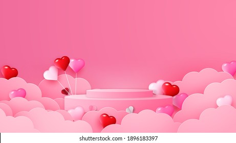 Circular stage podium for Valentine's decorated with Hearts, cloud and blank space. Valentine's mockup template. paper cut and craft style. vector, illustration.